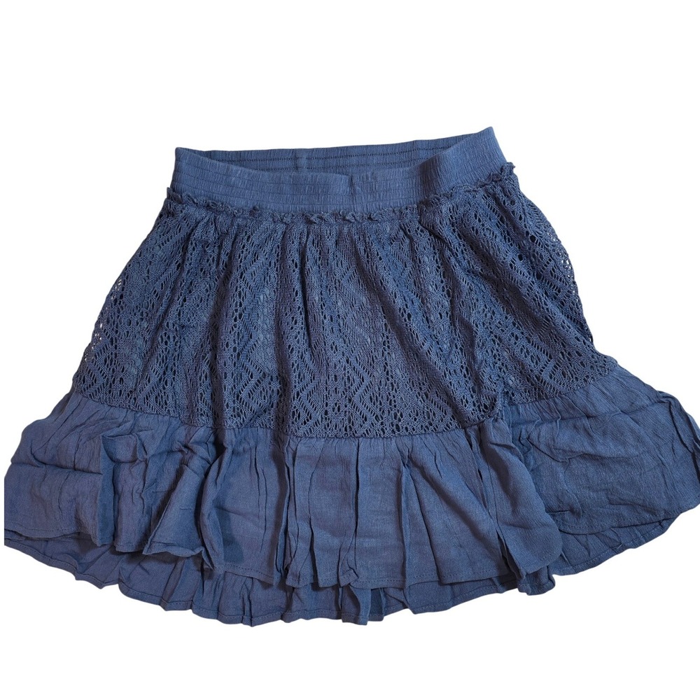 Umgee Blue Crochet Lace‎ Ruffle Mini Skirt Boho Smocked Waist M TL62705